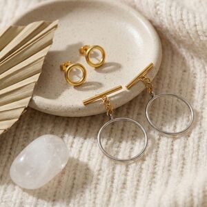 18k Gold Plated Stainless Steel Two Tone Convertible Toggle Hoop Drop Earrings